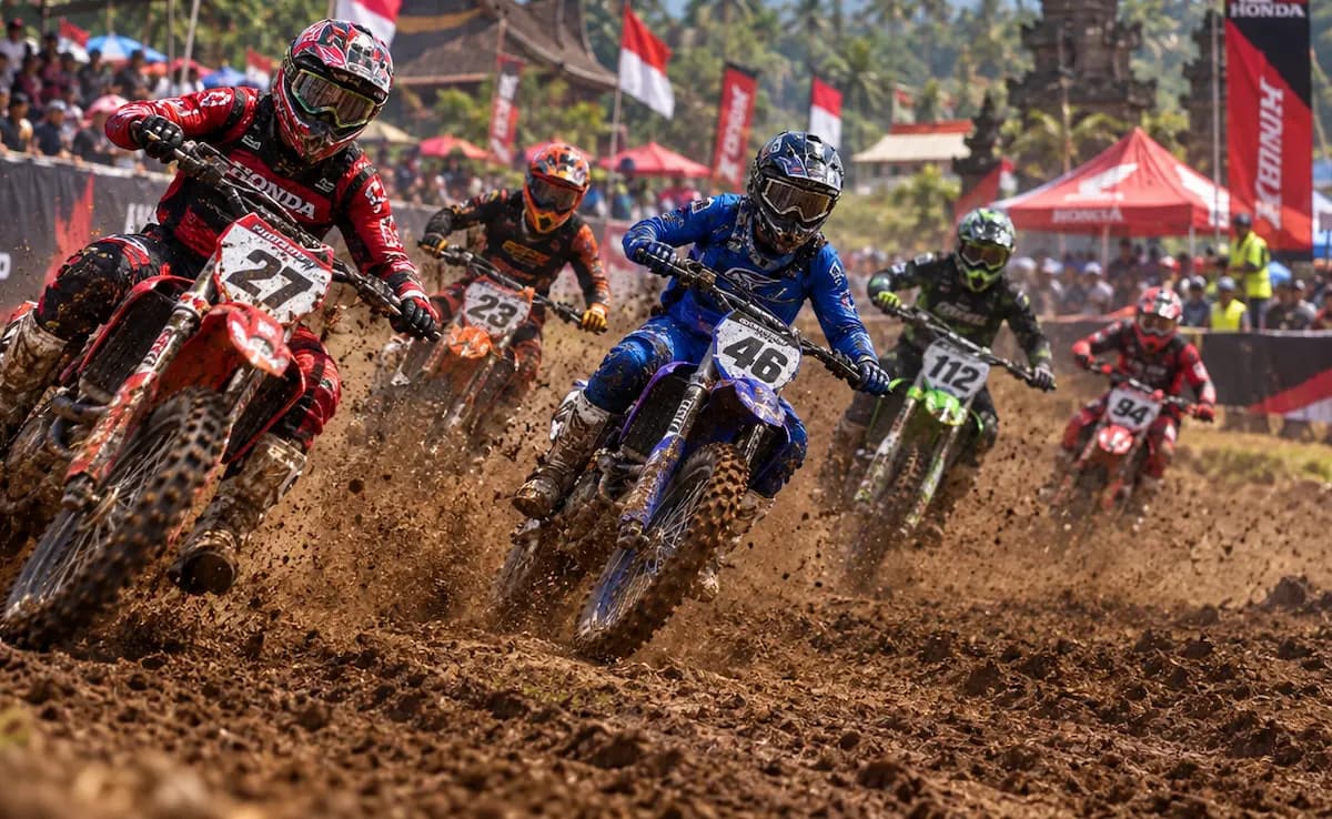Aksi pembalap motor cross di sirkuit Kepulauan Riau yang memerlukan perlindungan asuransi event